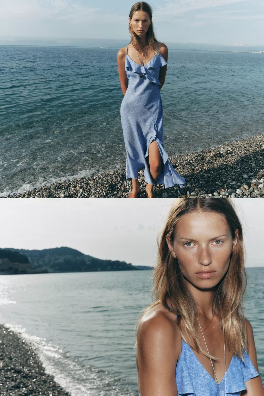 Women’s blue dress by the coast